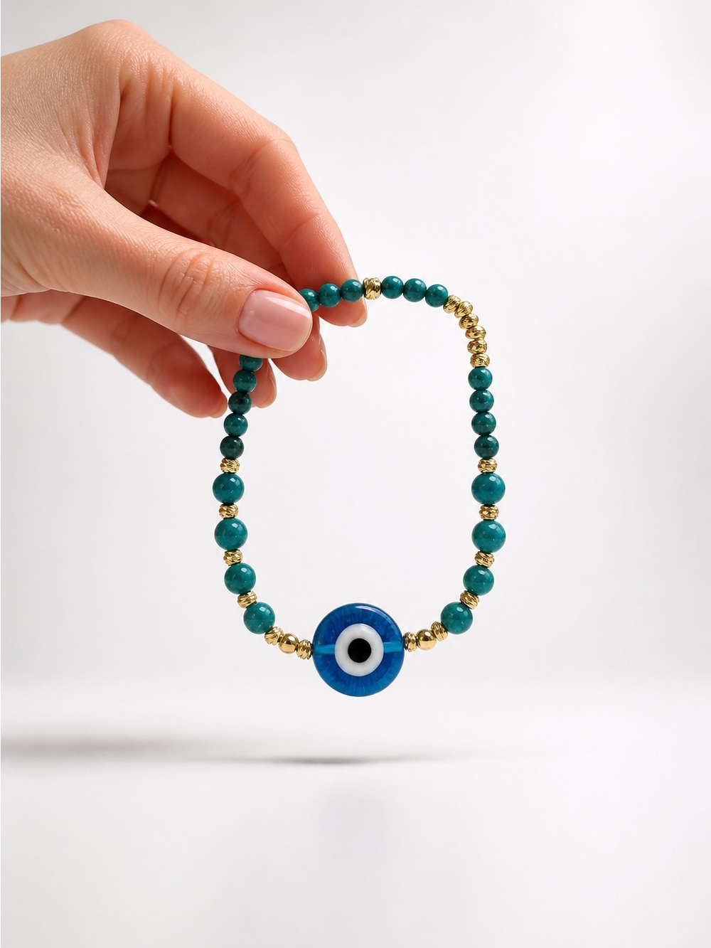 Evil Eye Beaded Stretch Bracelet genuine turquoise and Gold filled balls